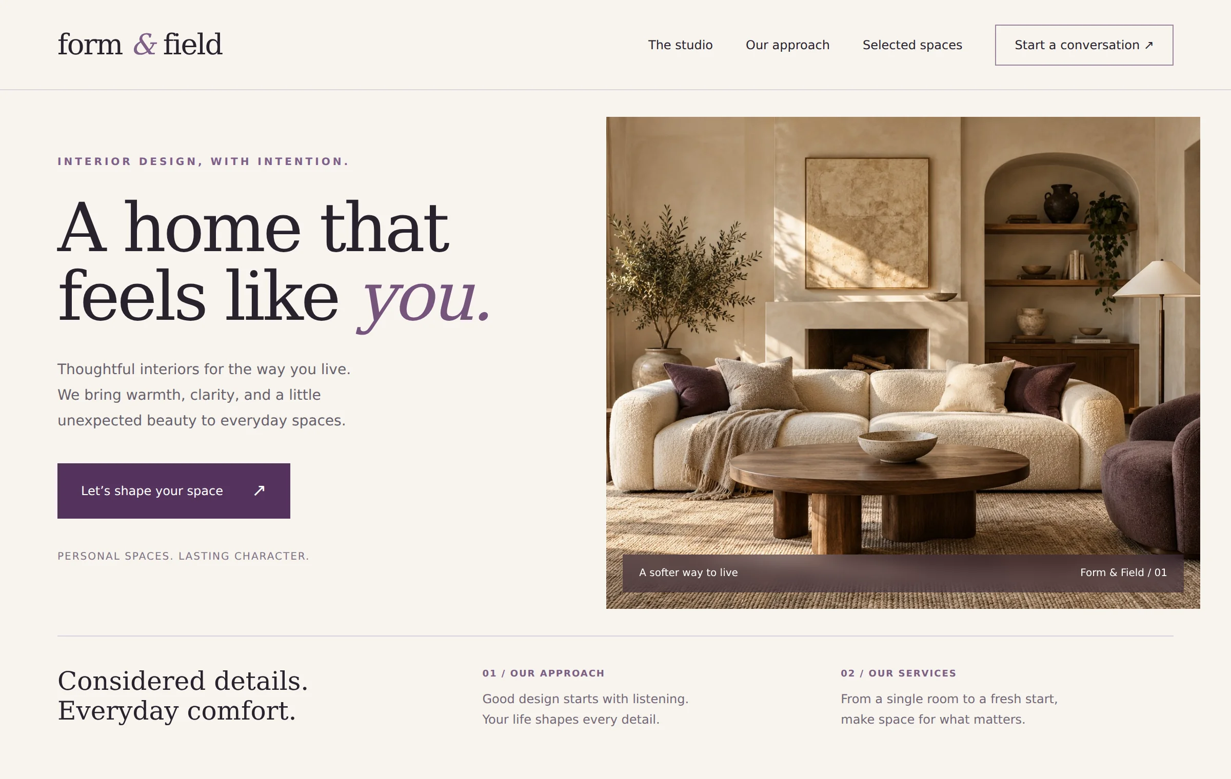 After: the same fictional studio has a spacious purple design, large interior photography, and a prominent invitation to start a project.