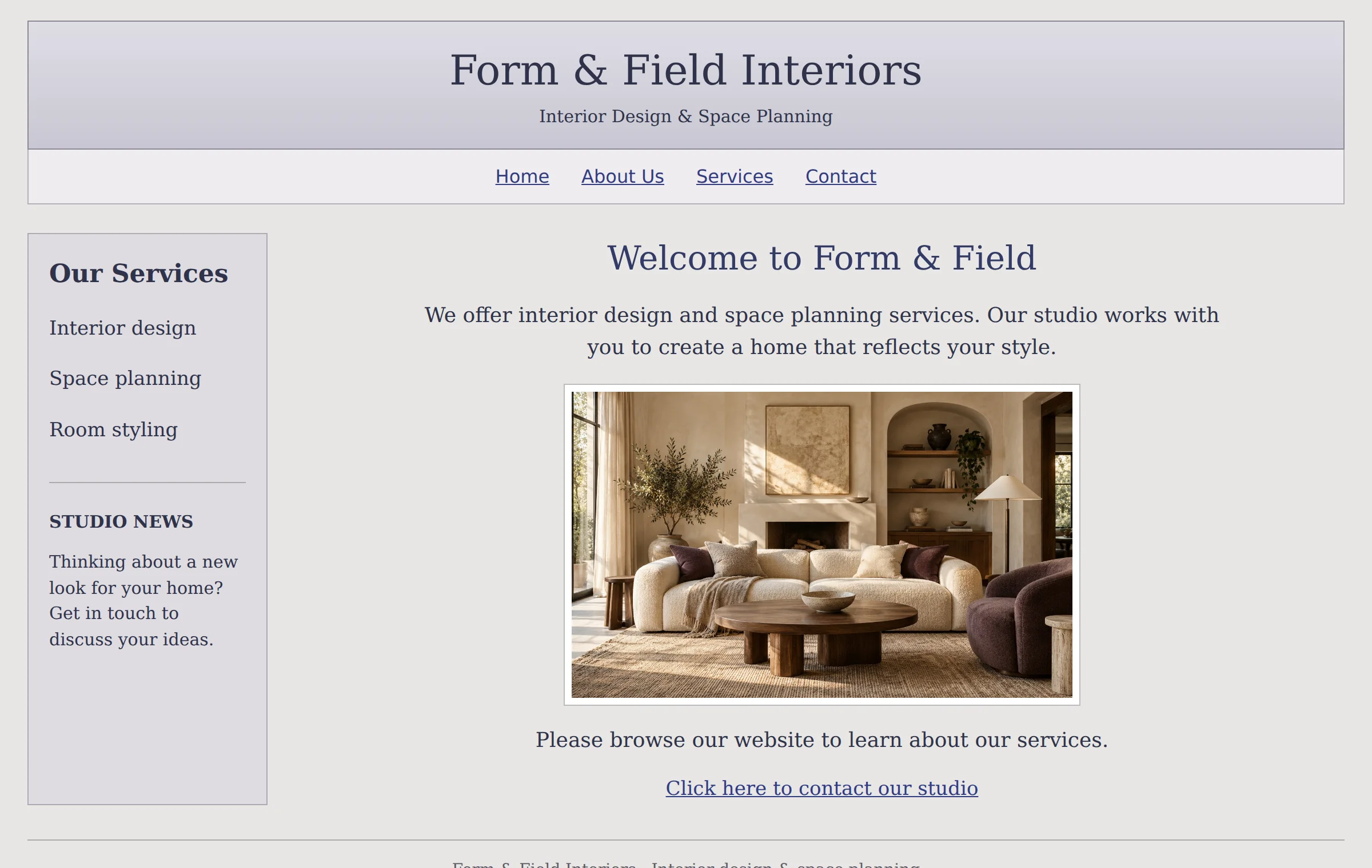 Before: Form & Field’s fictional interior design website has a crowded layout, small imagery, and a buried contact link.